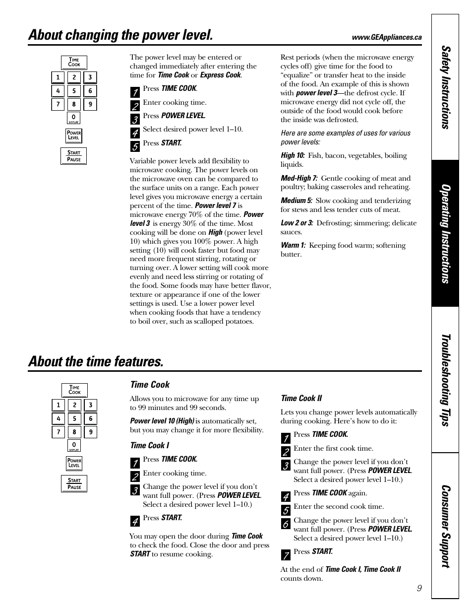 About changing the power level, About the time features | Mabe Canada PEB206C User Manual | Page 9 / 24