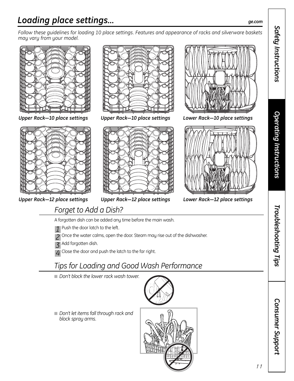 Loading place settings, Forget to add a dish, Tips for loading and good wash performance | Mabe Canada GSD2000 User Manual | Page 11 / 16