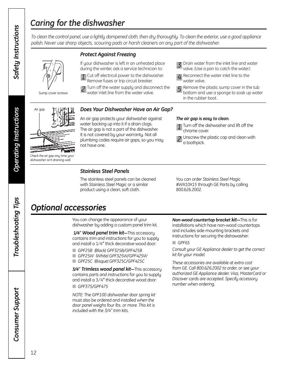 Caring for the dishwasher, Optional accessories | Mabe Canada GSD2000 User Manual | Page 12 / 16