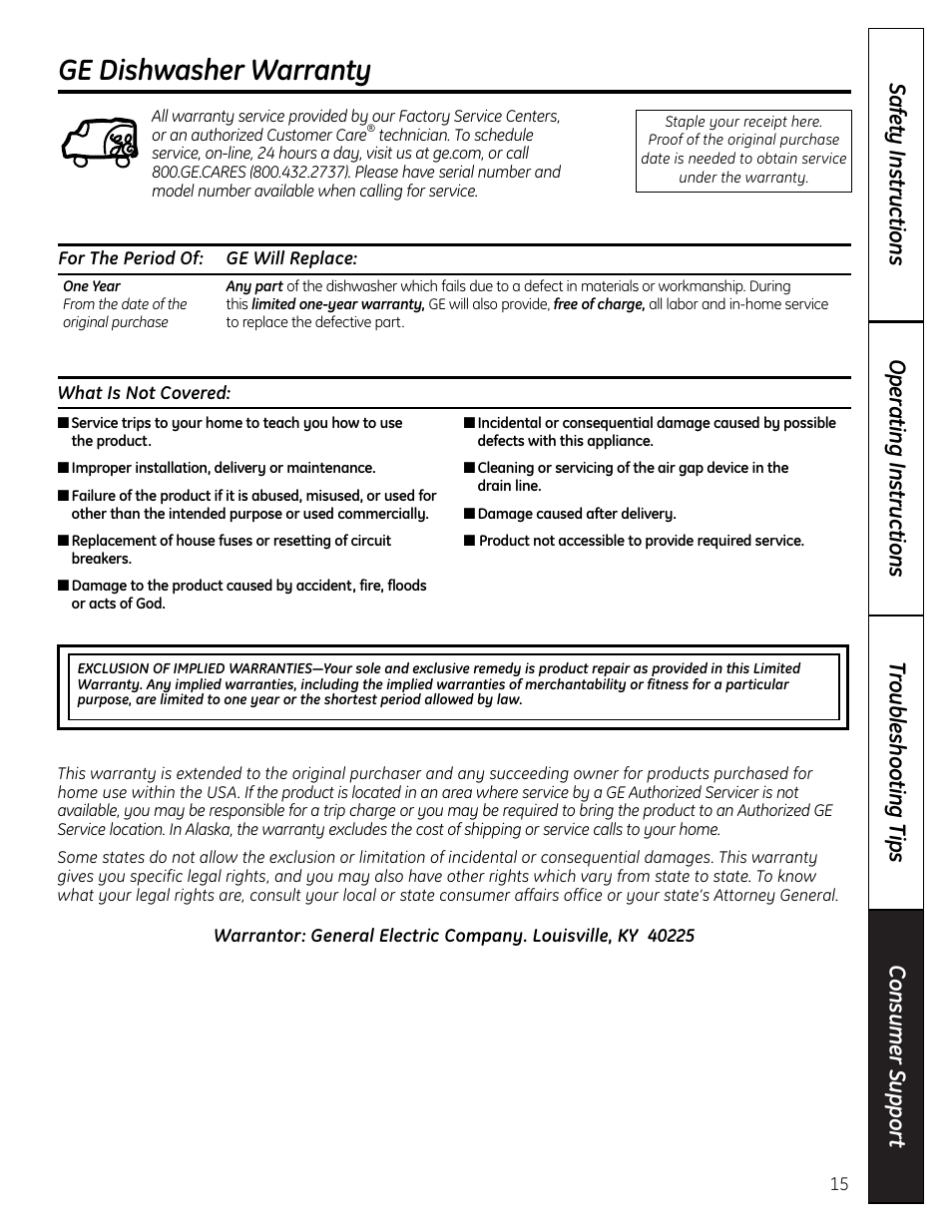 Ge dishwasher warranty | Mabe Canada GSD2000 User Manual | Page 15 / 16