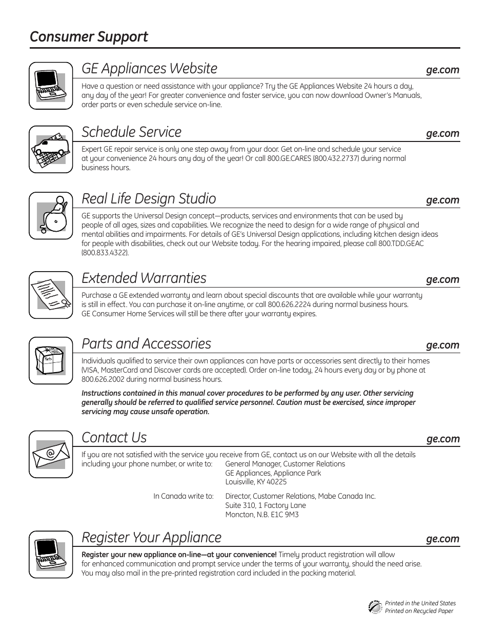 Consumer support ge appliances website, Schedule service, Real life design studio | Extended warranties, Parts and accessories, Contact us, Register your appliance | Mabe Canada GSD2000 User Manual | Page 16 / 16