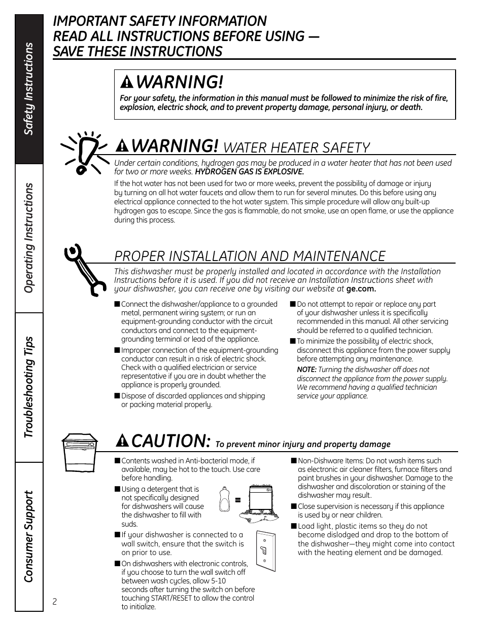 Warning, Warning! caution | Mabe Canada GSD2000 User Manual | Page 2 / 16