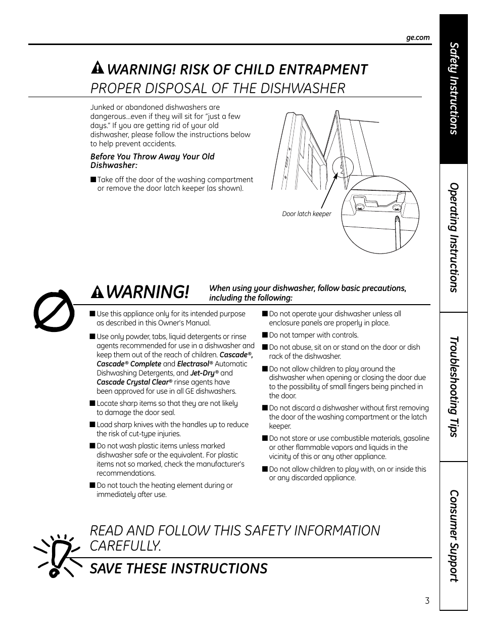 Warning, Proper disposal of the dishwasher, Warning! risk of child entrapment | Mabe Canada GSD2000 User Manual | Page 3 / 16
