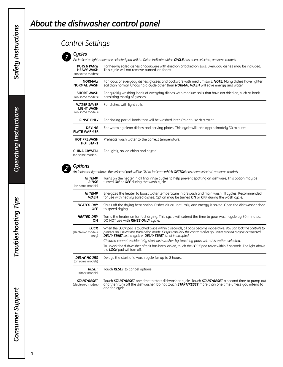 About the dishwasher control panel, Control settings | Mabe Canada GSD2000 User Manual | Page 4 / 16