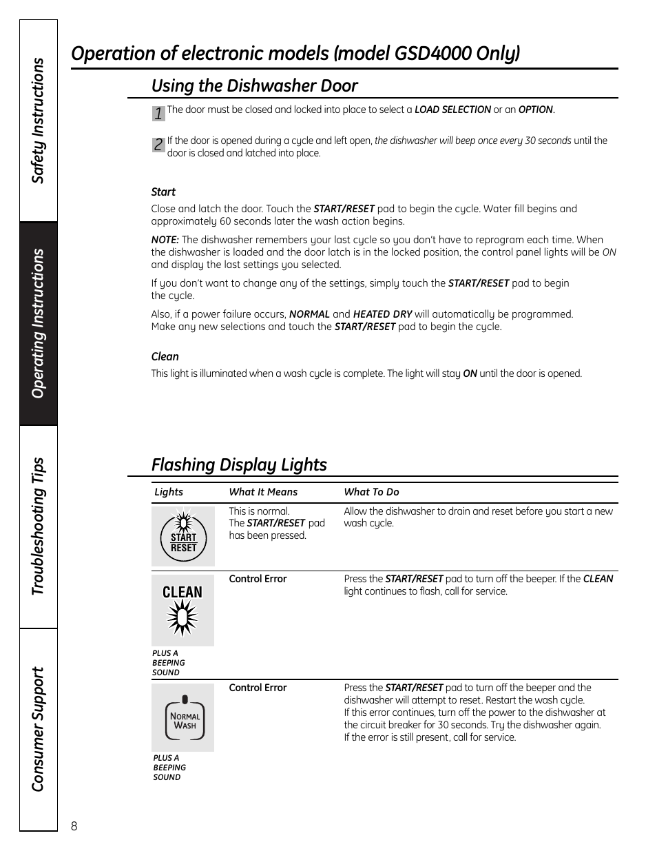 Using the dishwasher door, Flashing display lights | Mabe Canada GSD2000 User Manual | Page 8 / 16