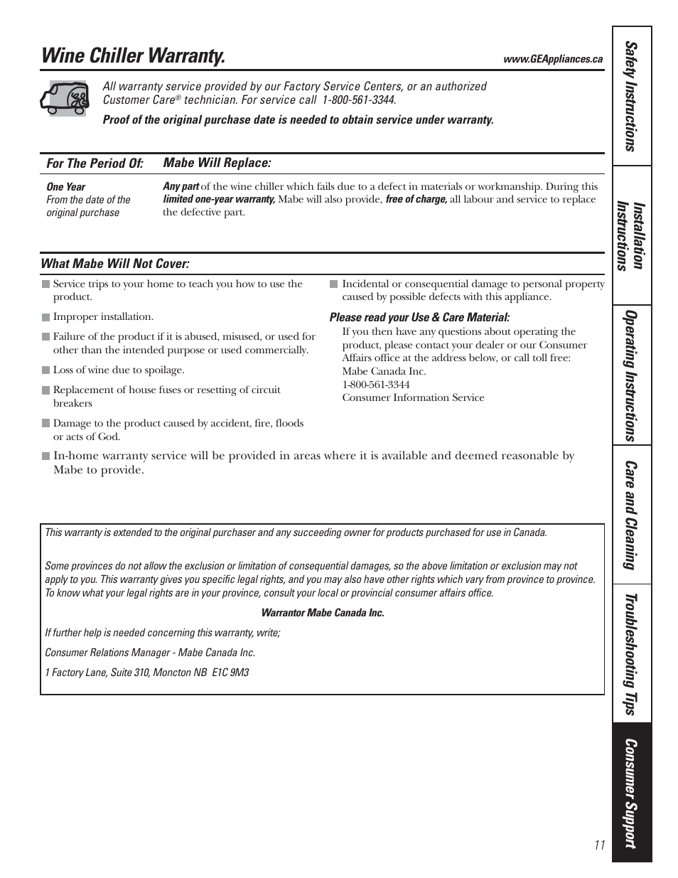 Wine chiller warranty | Mabe Canada GWS04 User Manual | Page 11 / 12