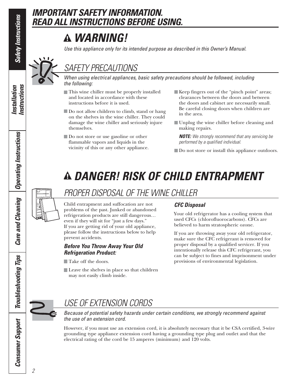 Warning, Danger! risk of child entrapment, Use of extension cords | Safety precautions, Proper disposal of the wine chiller | Mabe Canada GWS04 User Manual | Page 2 / 12