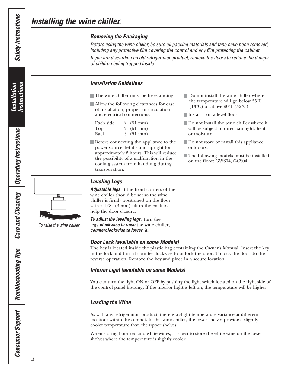 Installing the wine chiller | Mabe Canada GWS04 User Manual | Page 4 / 12