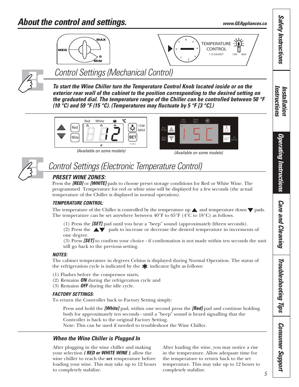 About the control and settings, Control settings (mechanical control), Control settings (electronic temperature control) | When the wine chiller is plugged in, Preset wine zones | Mabe Canada GWS04 User Manual | Page 5 / 12