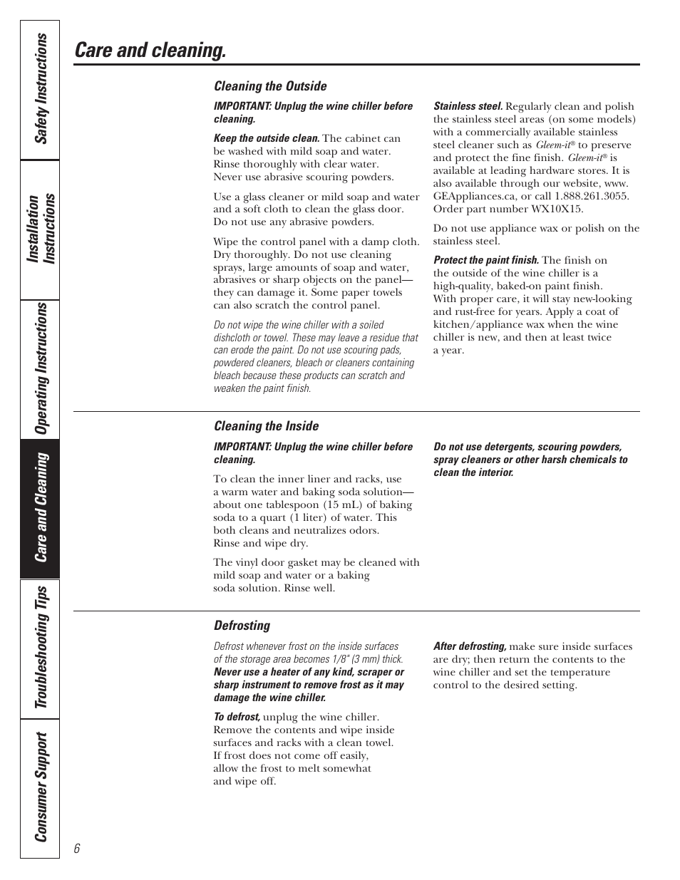 Care and cleaning, Care and cleaning operating instructions | Mabe Canada GWS04 User Manual | Page 6 / 12