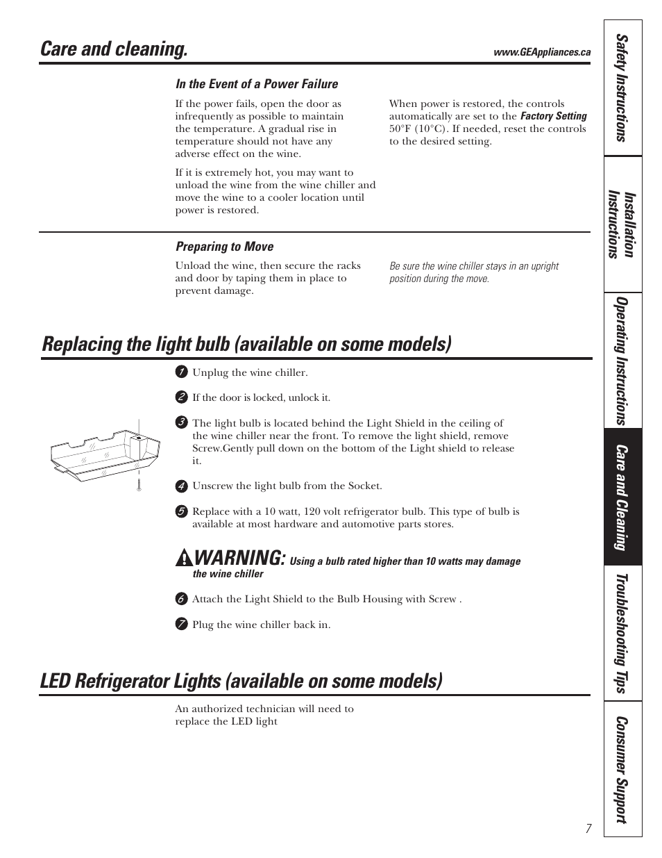 Care and cleaning, Warning, Led refrigerator lights (available on some models) | Mabe Canada GWS04 User Manual | Page 7 / 12