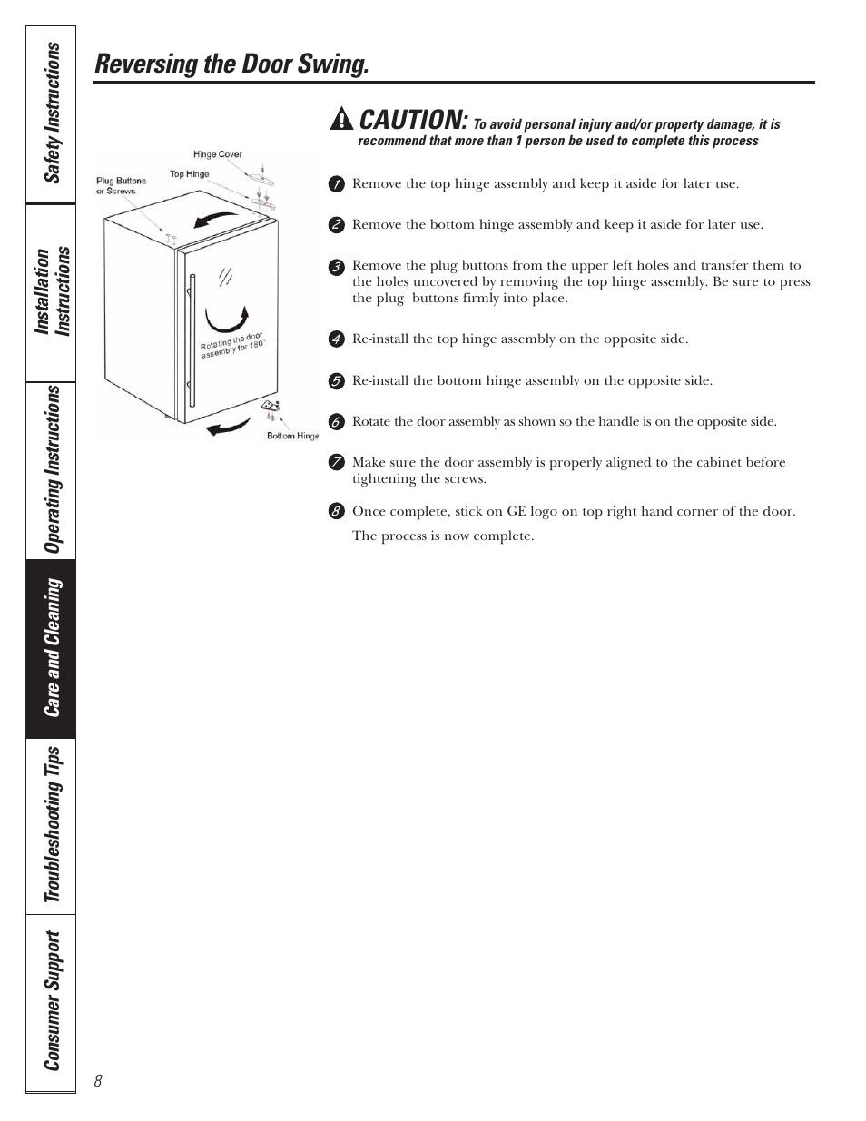 Reversing the door swing, Caution, Consumer support | Mabe Canada GWS04 User Manual | Page 8 / 12