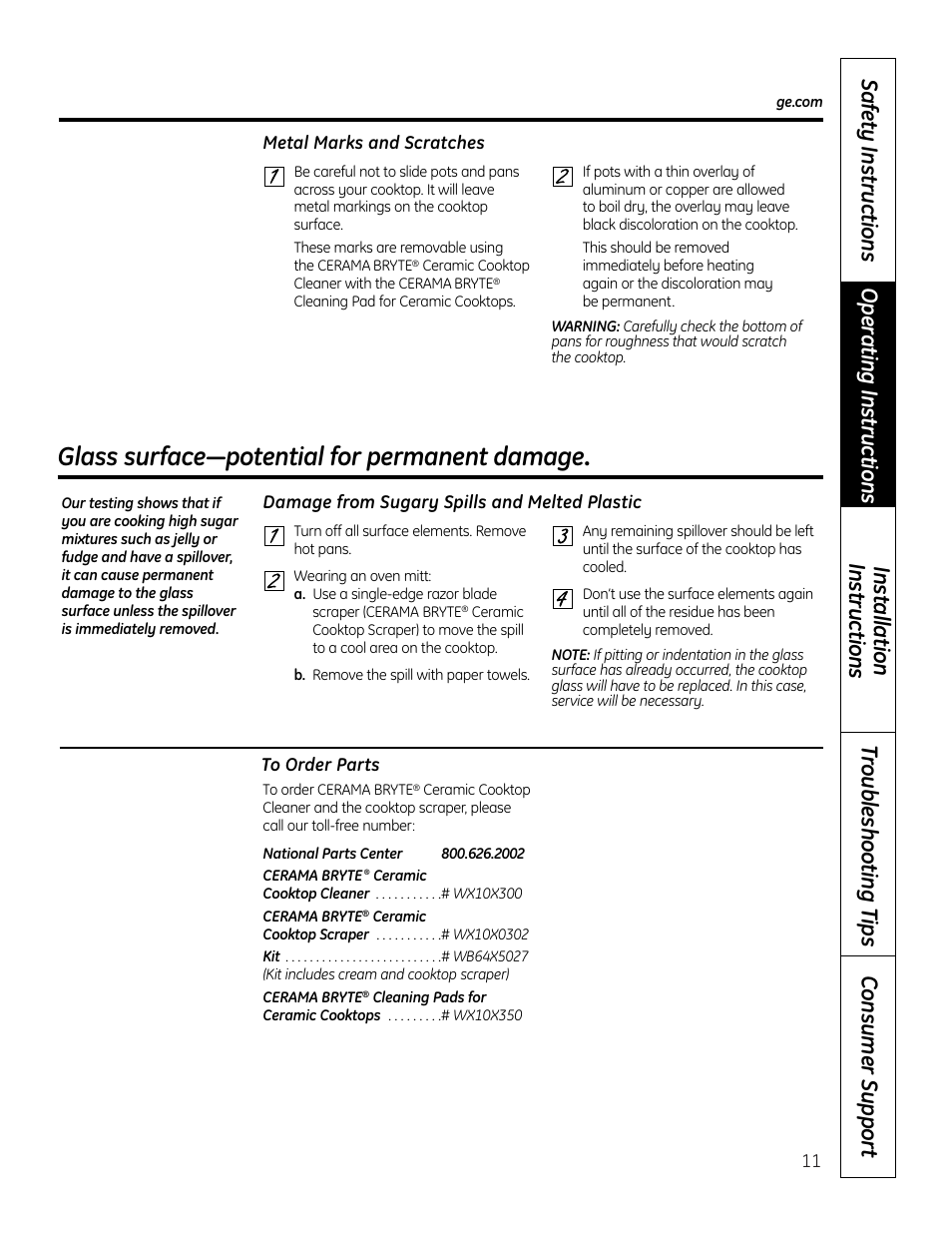 Glass surface—potential for permanent damage | Mabe Canada JP256 User Manual | Page 11 / 80