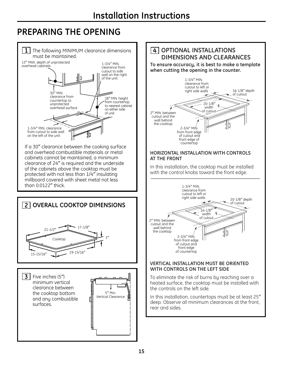 Installation instructions, Preparing the opening, Optional installations dimensions and clearances | Overall cooktop dimensions 2 | Mabe Canada JP256 User Manual | Page 15 / 80