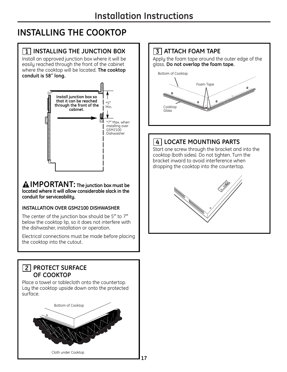 Installation instructions, Installing the cooktop, Important | Installing the junction box, Protect surface of cooktop, 2attach foam tape, 3locate mounting parts | Mabe Canada JP256 User Manual | Page 17 / 80