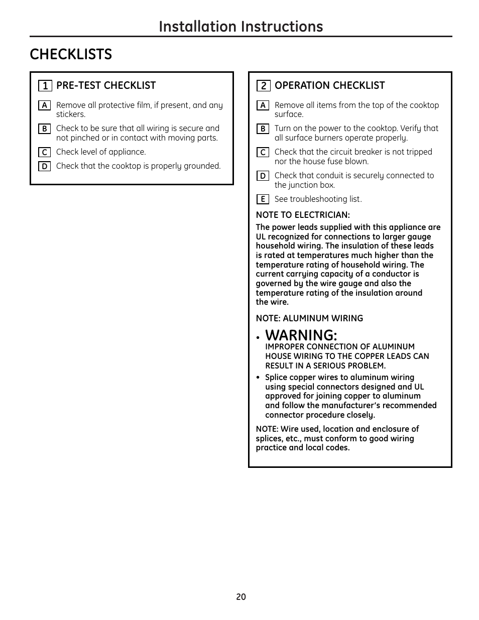 Installation instructions, Checklists, Warning | Mabe Canada JP256 User Manual | Page 20 / 80
