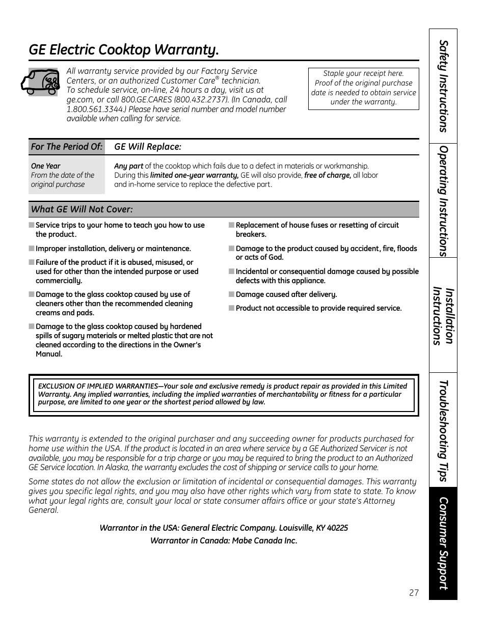 Warranty, Ge electric cooktop warranty | Mabe Canada JP256 User Manual | Page 27 / 80