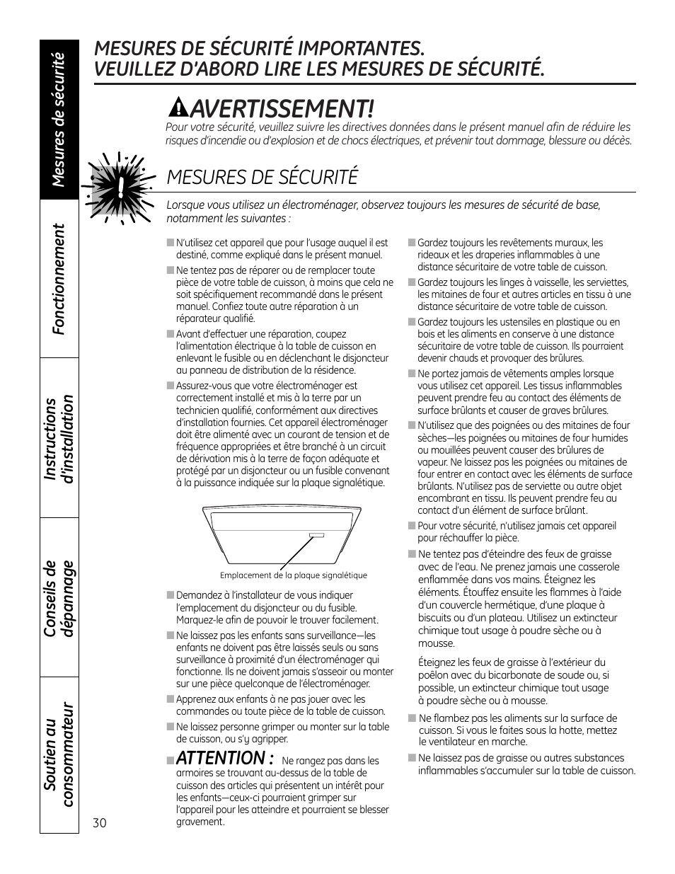 Mesures de sécurité, Avertissement, Attention | Mabe Canada JP256 User Manual | Page 30 / 80