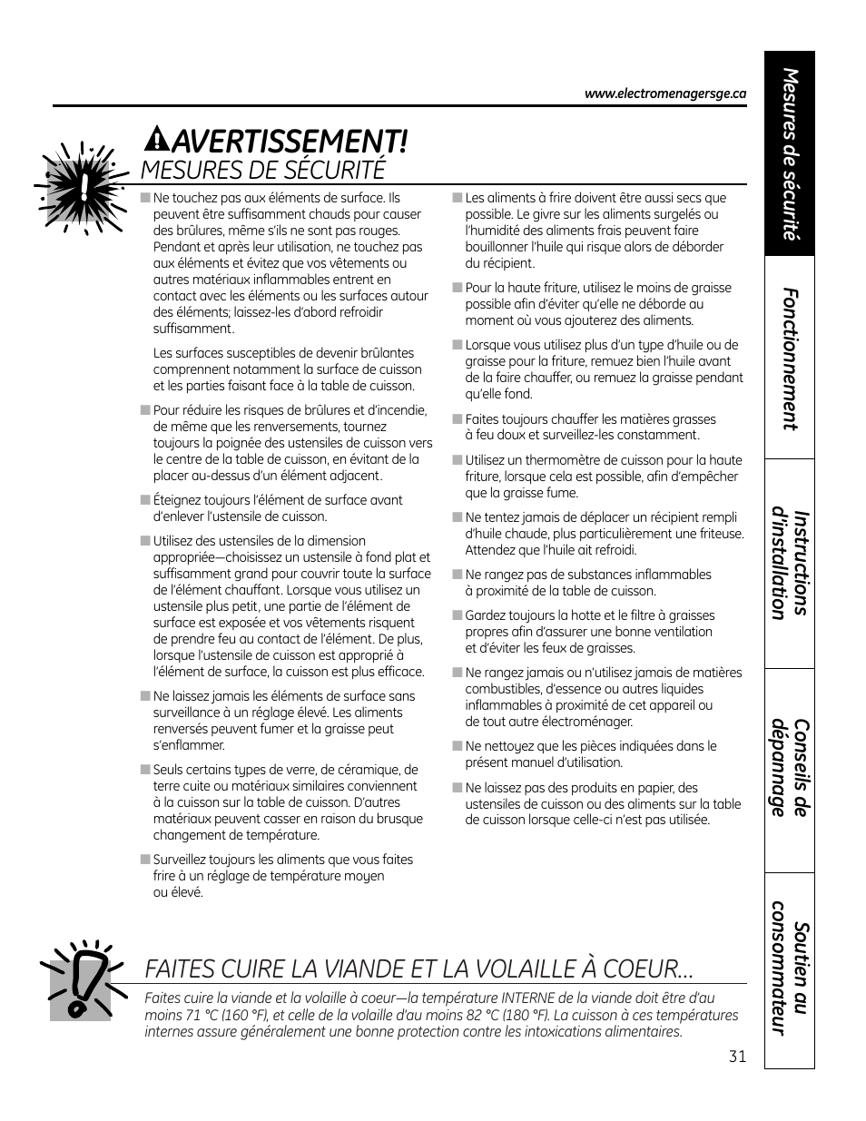 Avertissement, Faites cuire la viande et la volaille à coeur, Mesures de sécurité | Conseils de dépannage instructions d’installation | Mabe Canada JP256 User Manual | Page 31 / 80