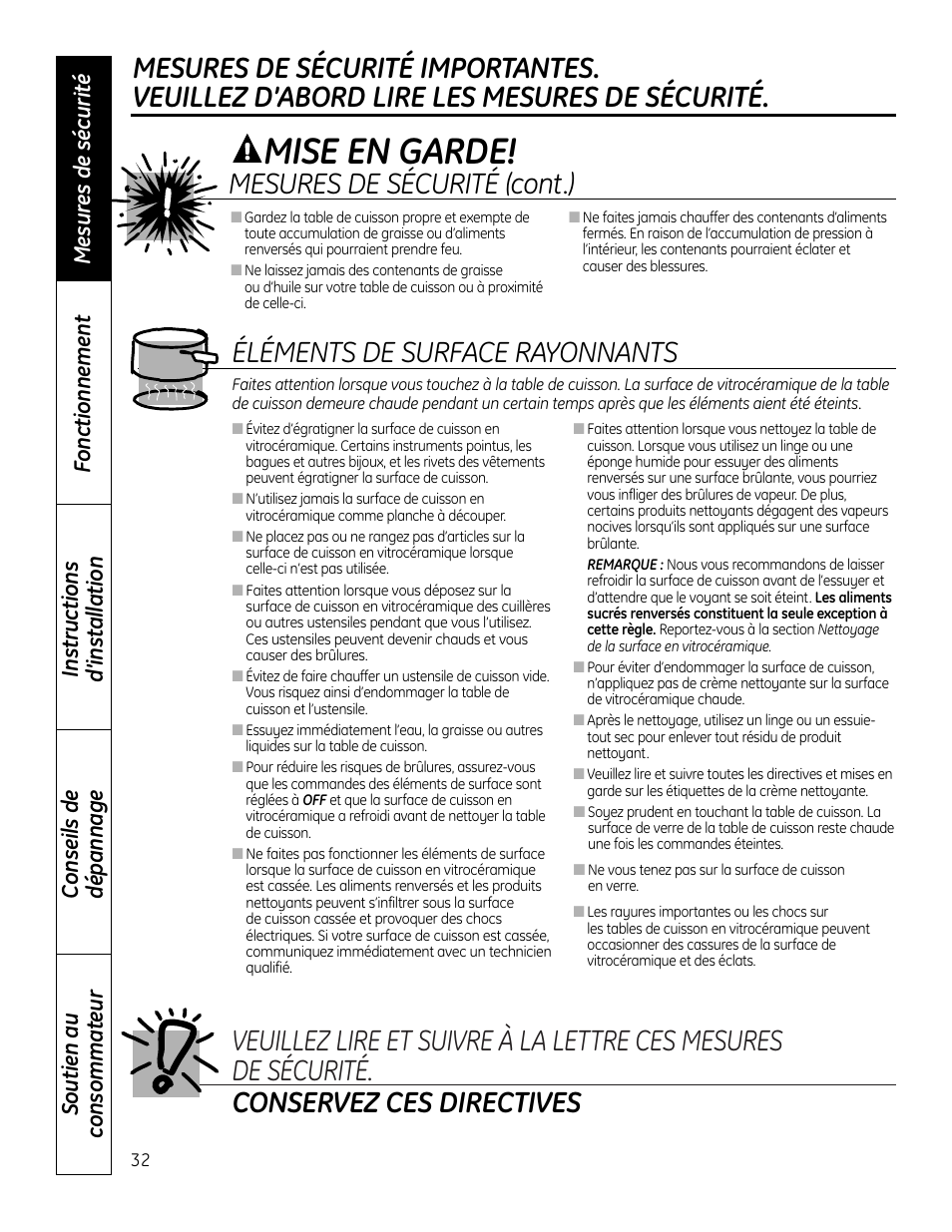 Mise en garde, Éléments de surface rayonnants, Mesures de sécurité (cont.) | Mabe Canada JP256 User Manual | Page 32 / 80