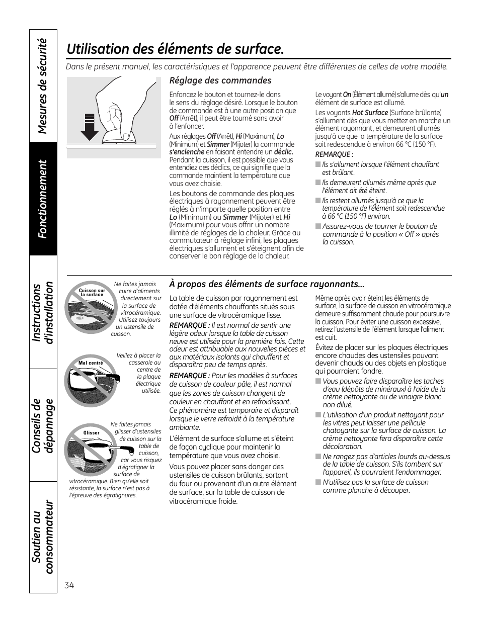Éléments de surface, Éléments de surface , 35, Utilisation des éléments de surface | Mabe Canada JP256 User Manual | Page 34 / 80