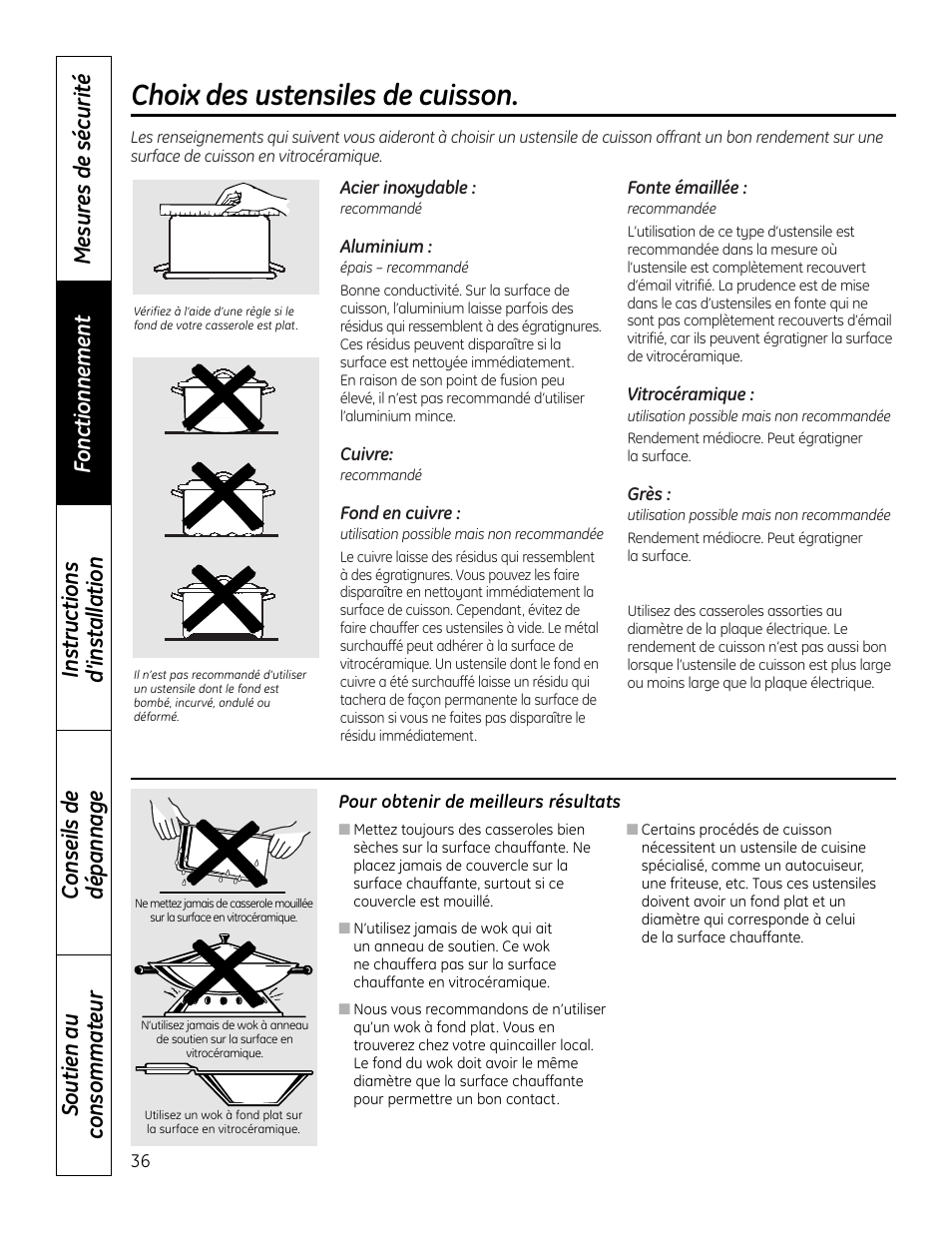Conseils sur les ustensiles de cuisson, Conseils sur les ustensiles de cuisson , 37, Choix des ustensiles de cuisson | Mabe Canada JP256 User Manual | Page 36 / 80