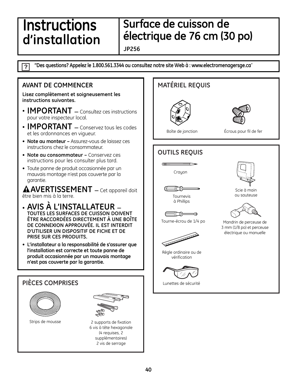 Instructions d’installation, Instructions, D’installation | Surface de cuisson de, Électrique de 76 cm (30 po), Important, Avertissement, Avis à l’installateur | Mabe Canada JP256 User Manual | Page 40 / 80