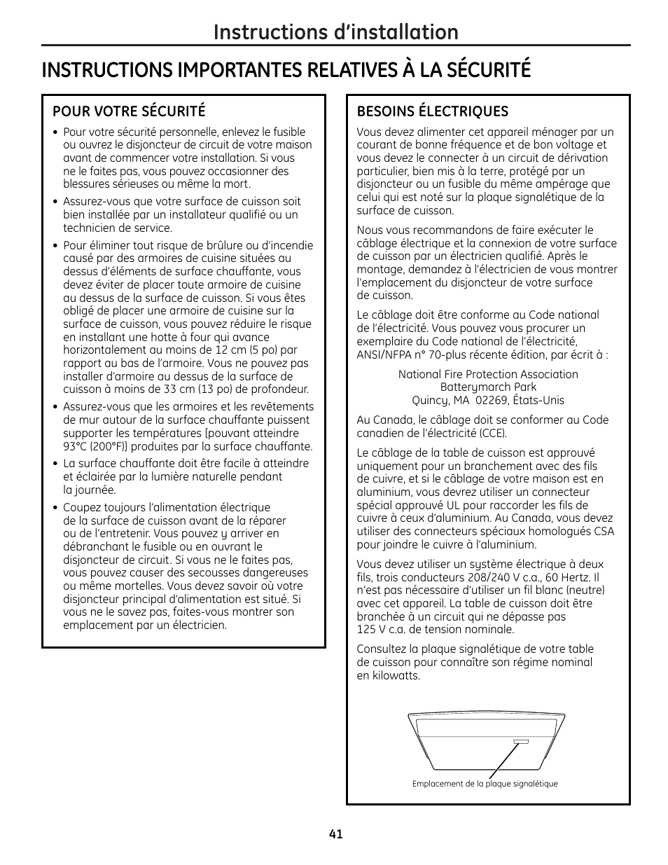 Instructions d’installation, Instructions importantes relatives à la sécurité | Mabe Canada JP256 User Manual | Page 41 / 80