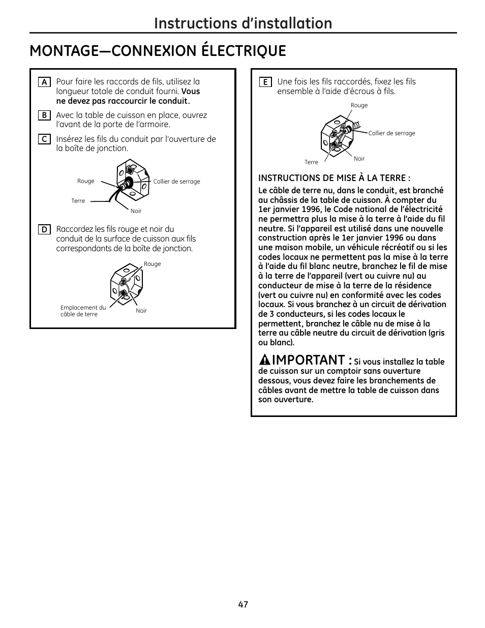 Instructions d’installation, Montage—connexion électrique, Important | Mabe Canada JP256 User Manual | Page 47 / 80