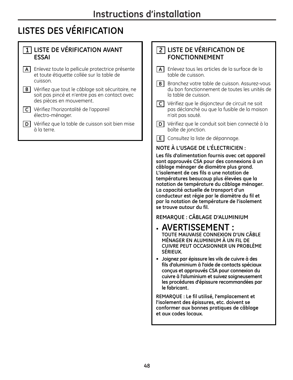 Instructions d’installation, Listes des vérification, Avertissement | Mabe Canada JP256 User Manual | Page 48 / 80