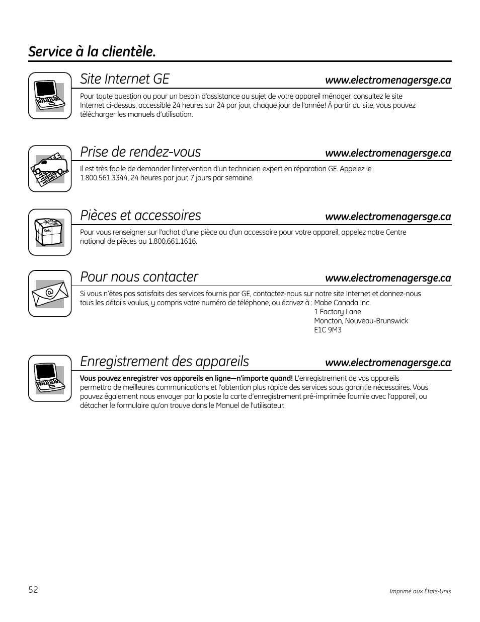 Soutien au consommateur, Site internet ge, Prise de rendez-vous | Pièces et accessoires, Pour nous contacter, Enregistrement des appareils, Service à la clientèle | Mabe Canada JP256 User Manual | Page 52 / 80