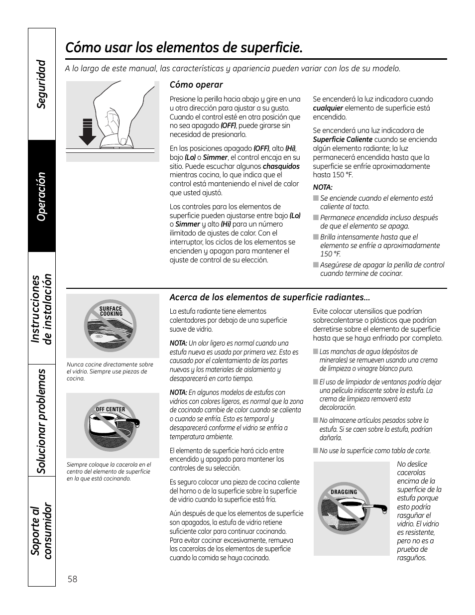 Elementos de superficie, Elementos de superficie , 59, Cómo usar los elementos de superficie | Mabe Canada JP256 User Manual | Page 58 / 80