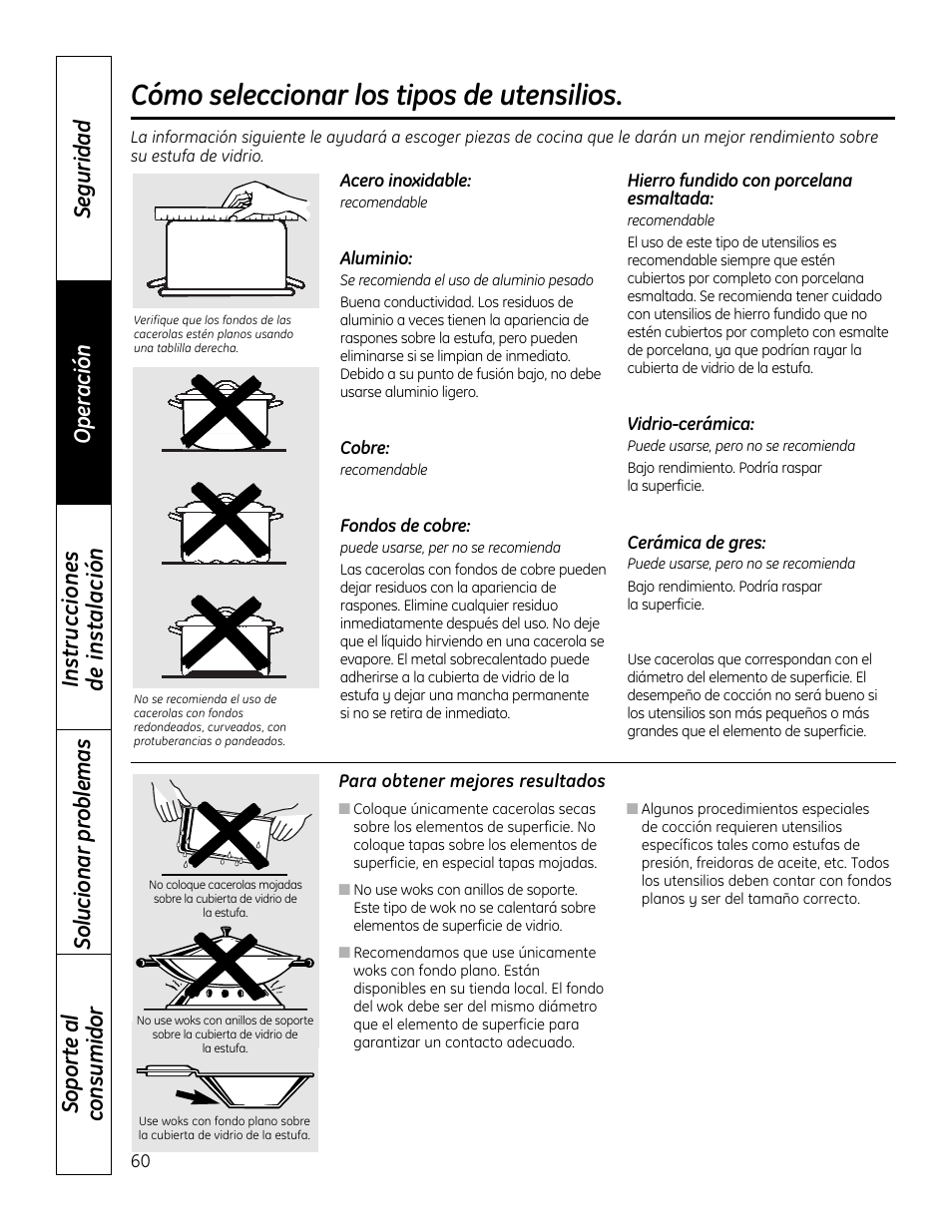 Consejos sobre los utensilios de cocina, Consejos sobre los utensilios de cocina , 61, Cómo seleccionar los tipos de utensilios | Mabe Canada JP256 User Manual | Page 60 / 80
