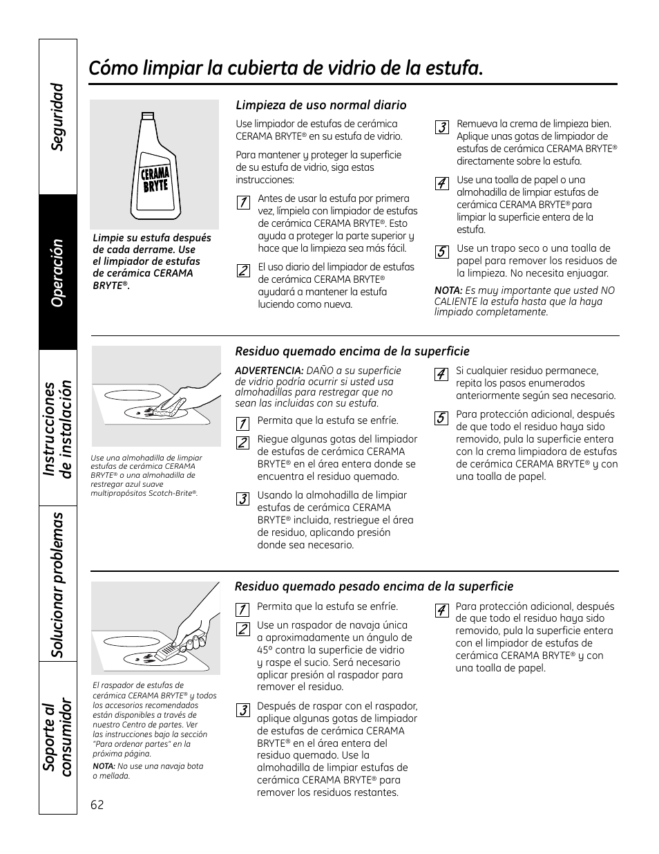 Superficie de vidrio, Instrucciones de instalación, Superficie de vidrio , 63 | Cómo limpiar la cubierta de vidrio de la estufa | Mabe Canada JP256 User Manual | Page 62 / 80