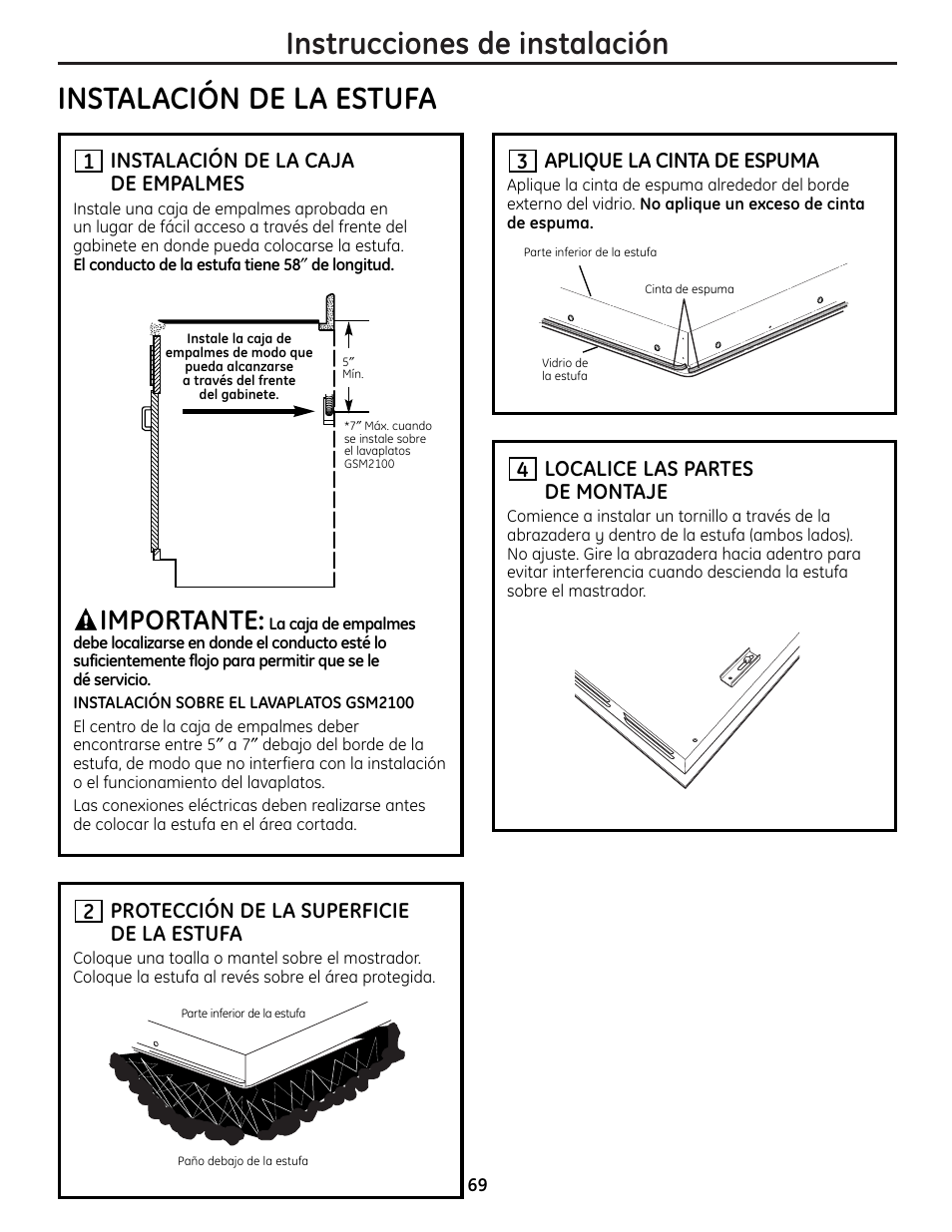 Importante, Instalación de la caja de empalmes, 1protección de la superficie de la estufa | 2aplique la cinta de espuma, 3localice las partes de montaje | Mabe Canada JP256 User Manual | Page 69 / 80