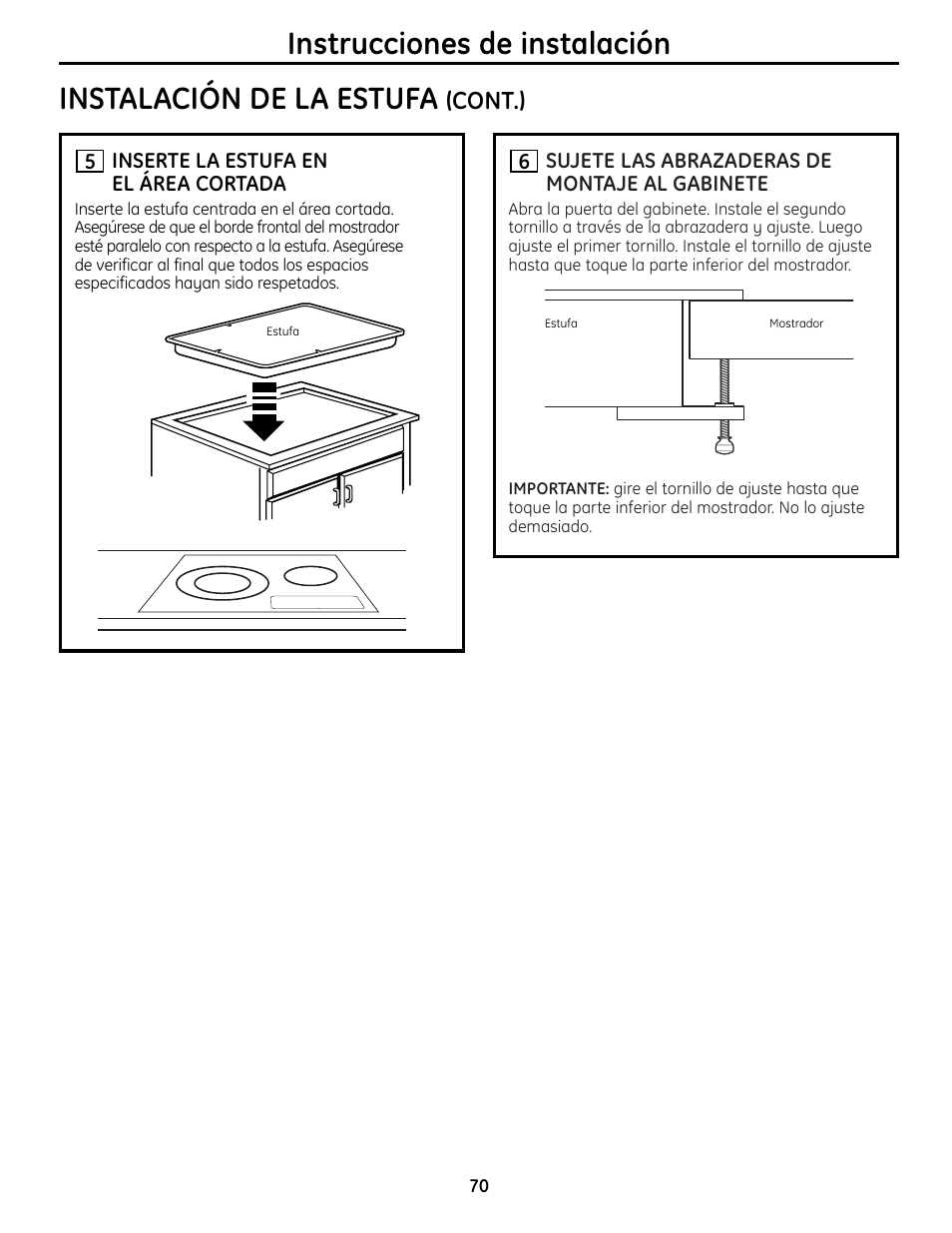 Instrucciones de instalación, Instalación de la estufa, Cont.) | Mabe Canada JP256 User Manual | Page 70 / 80