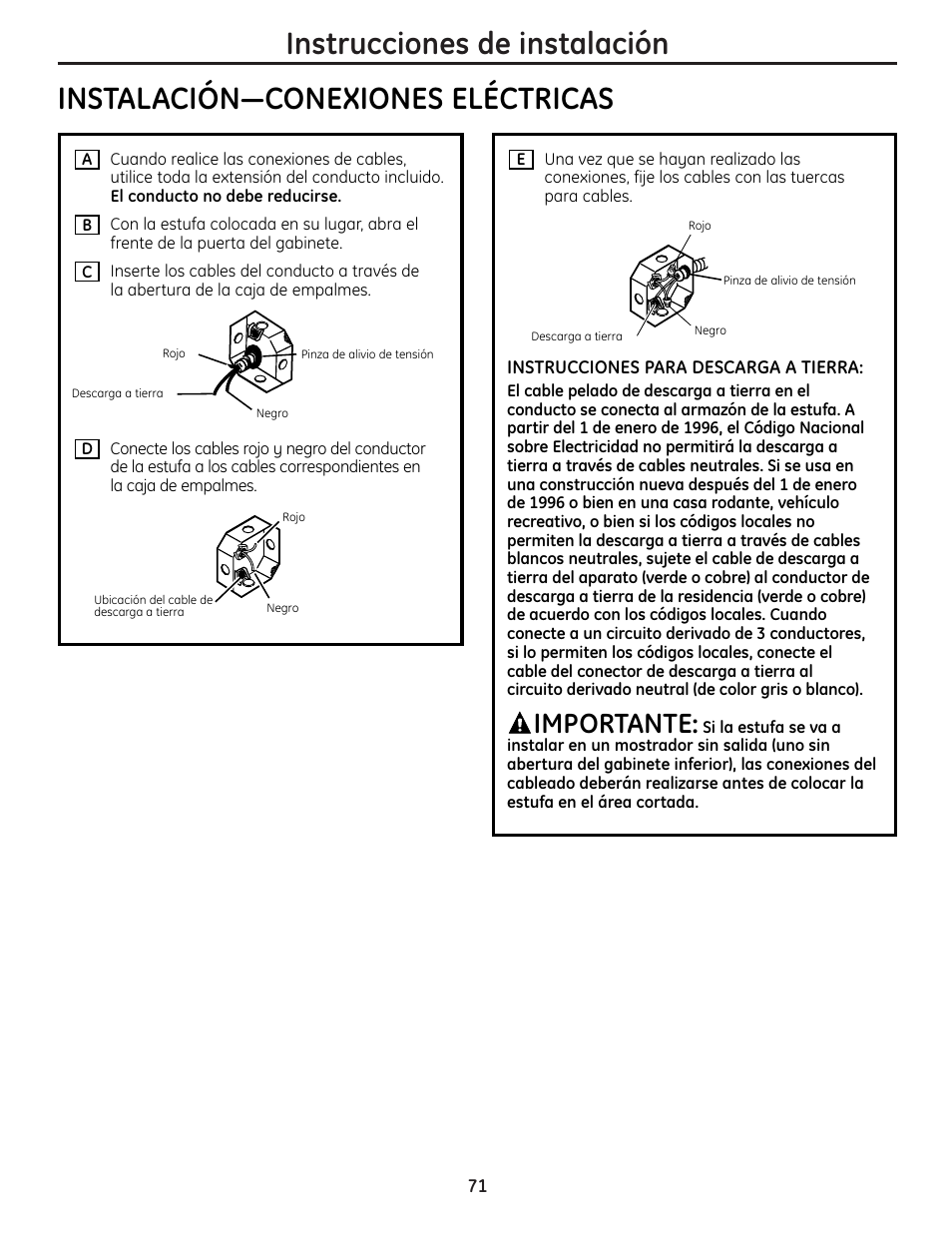 Instrucciones de instalación, Instalación—conexiones eléctricas, Importante | Mabe Canada JP256 User Manual | Page 71 / 80