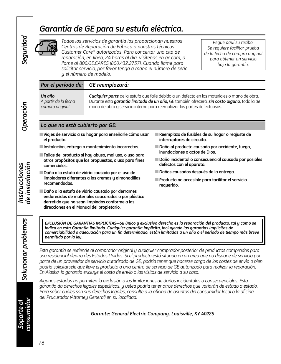 Garantía, Garantía de ge para su estufa eléctrica | Mabe Canada JP256 User Manual | Page 78 / 80