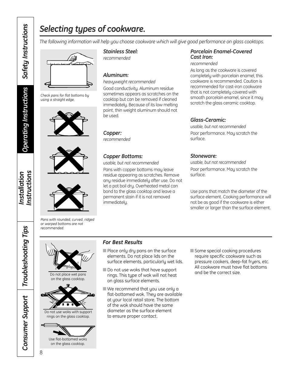 Cookware tips, Cookware tips , 9, Selecting types of cookware | Mabe Canada JP256 User Manual | Page 8 / 80