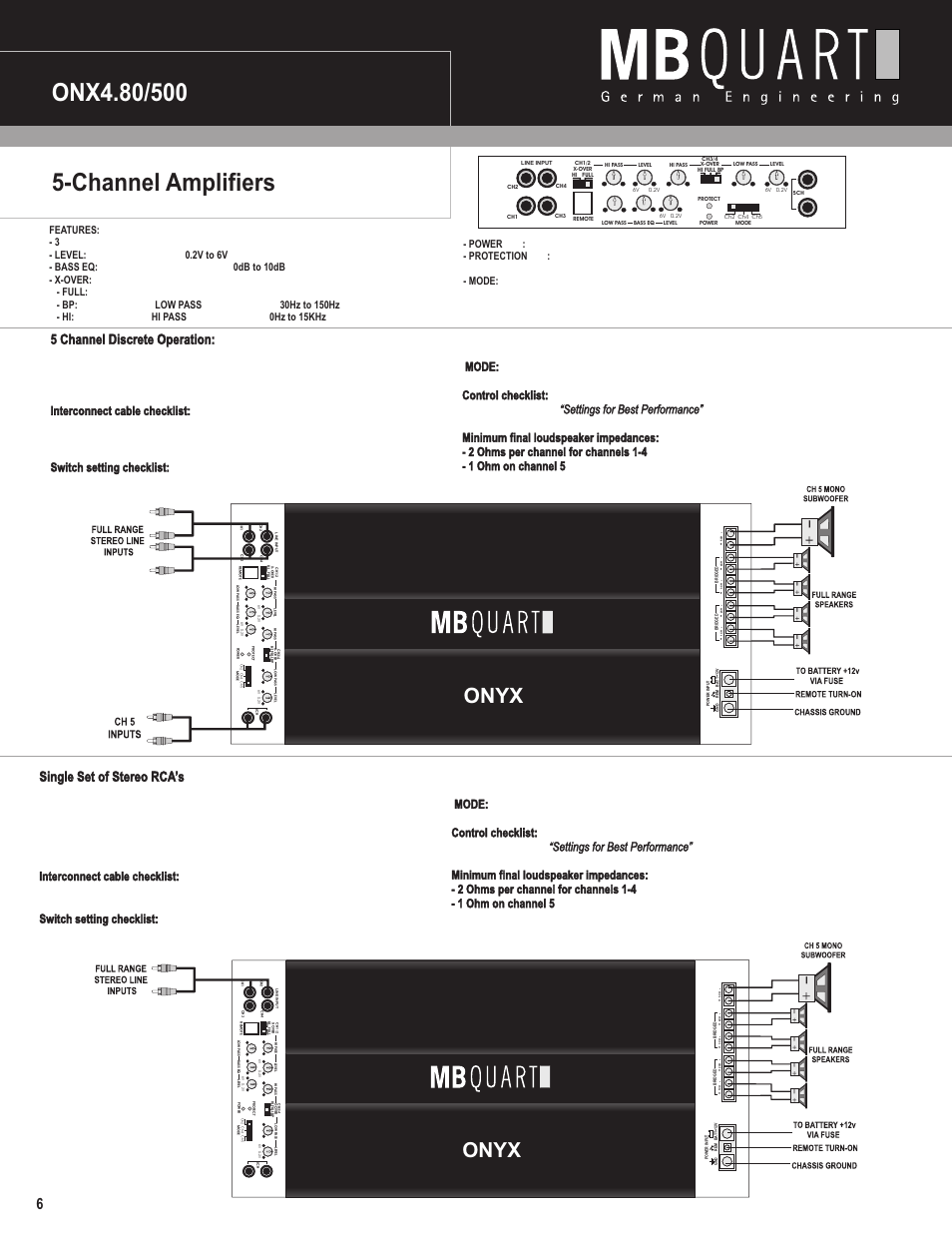 Channel amplifiers, Onyx, 5 channel discrete operation | Single set of stereo rca’s | MB QUART ONYX ONX4.80 User Manual | Page 7 / 11