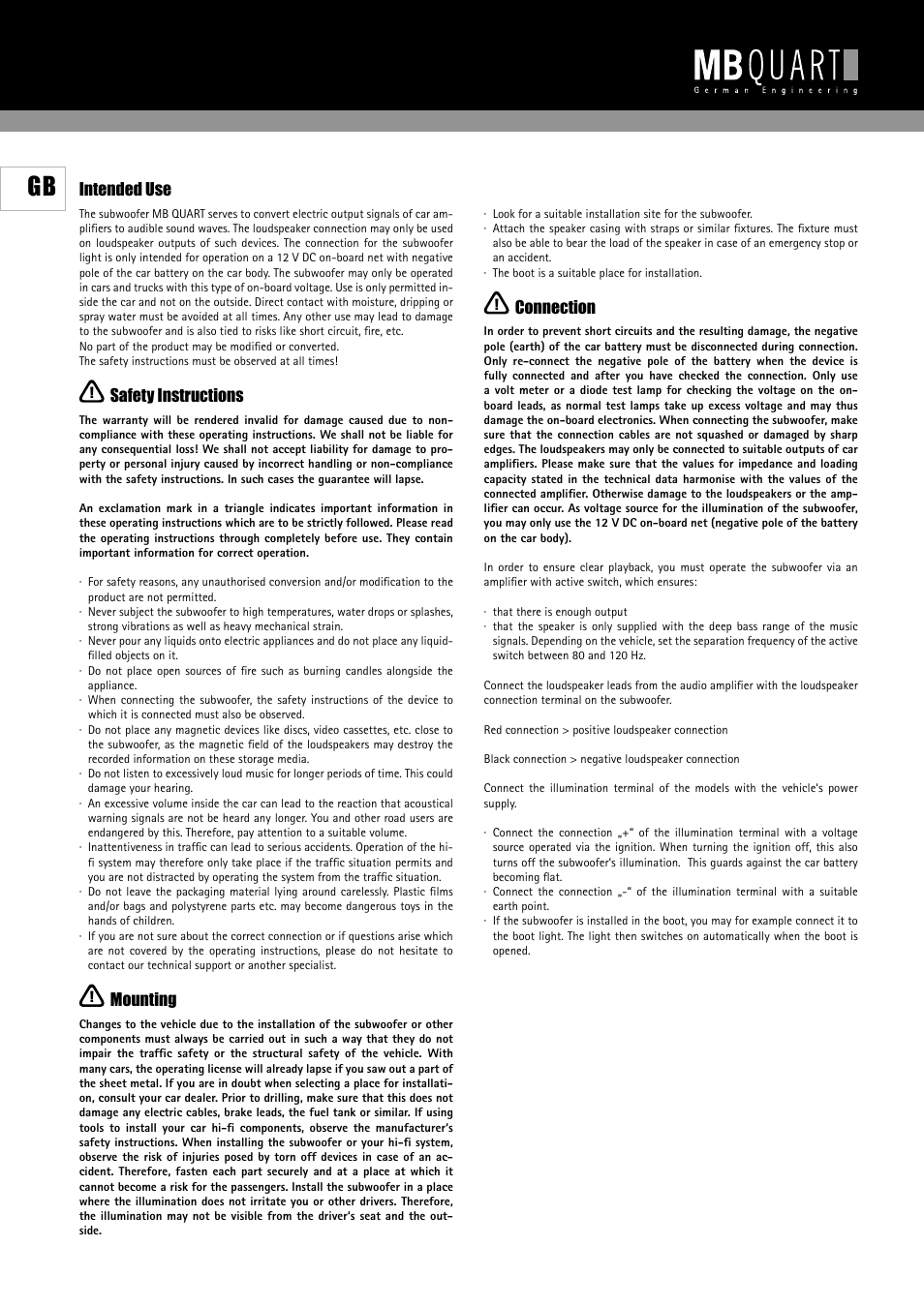 Intended use, Safety instructions, Mounting | Connection | MB QUART Reference/Discus RHG 304 S User Manual | Page 3 / 8