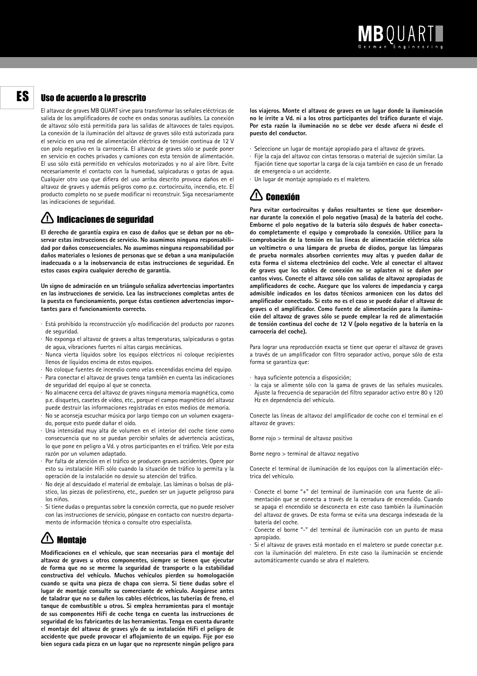 Uso de acuerdo a lo prescrito, Indicaciones de seguridad, Montaje | Conexión | MB QUART Reference/Discus RHG 304 S User Manual | Page 5 / 8