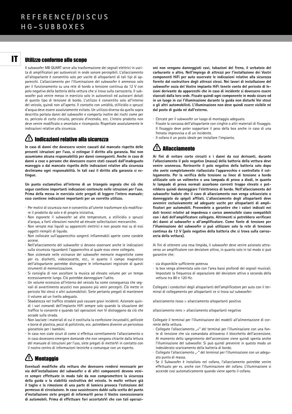Utilizzo conforme allo scopo, Indicazioni relative alla sicurezza, Montaggio | Allacciamento | MB QUART Reference/Discus RHG 304 S User Manual | Page 6 / 8