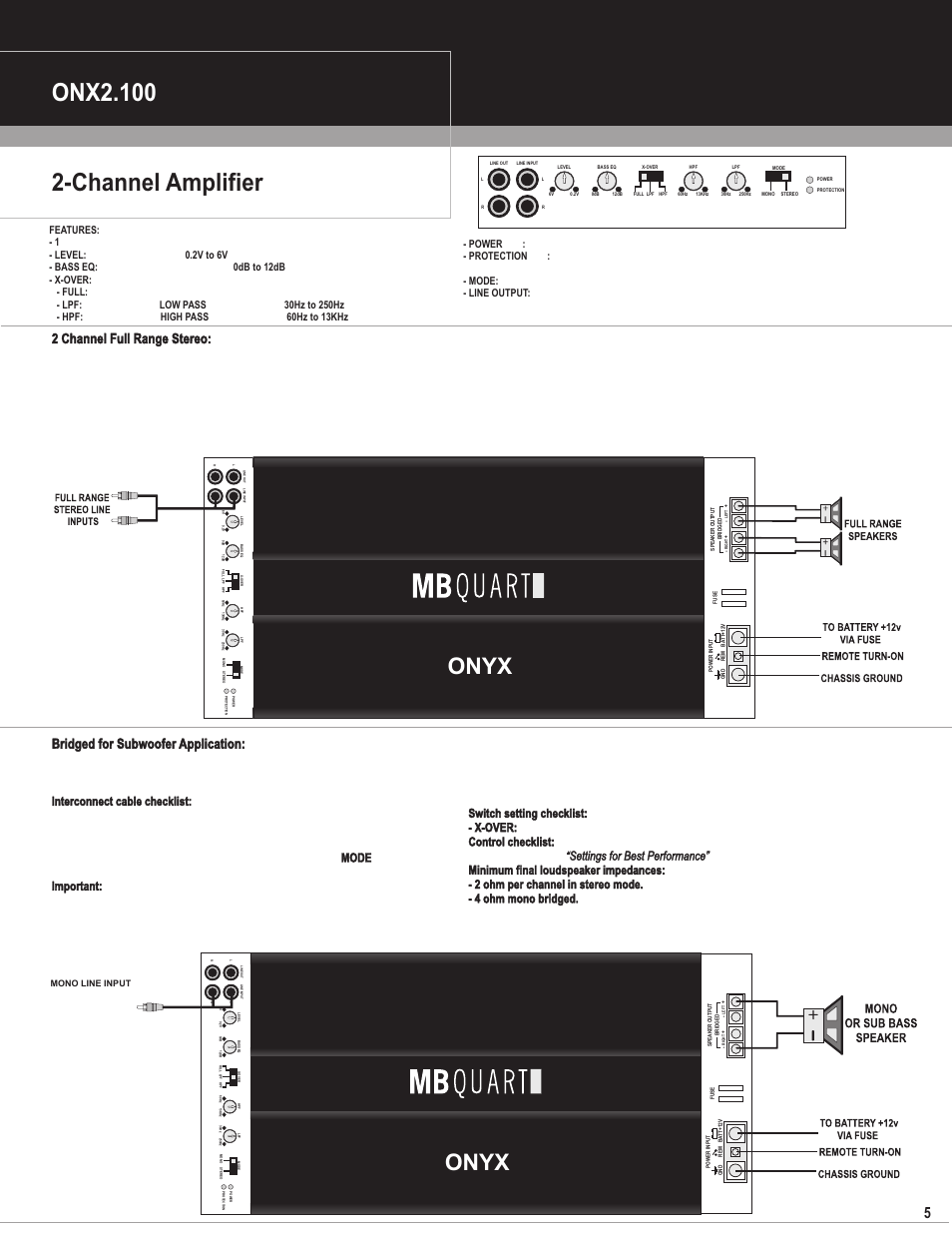 Channel amplifier onx2.100, Onyx, 2 channel full range stereo | Bridged for subwoofer application | MB QUART ONX4.80/500 User Manual | Page 6 / 12