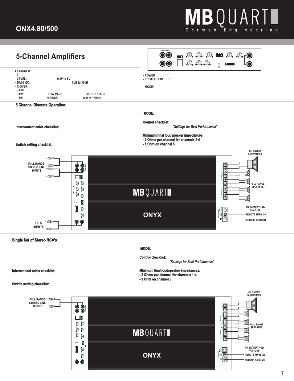 Channel amplifiers, Onyx, 5 channel discrete operation | Single set of stereo rca’s | MB QUART ONX4.80/500 User Manual | Page 8 / 12