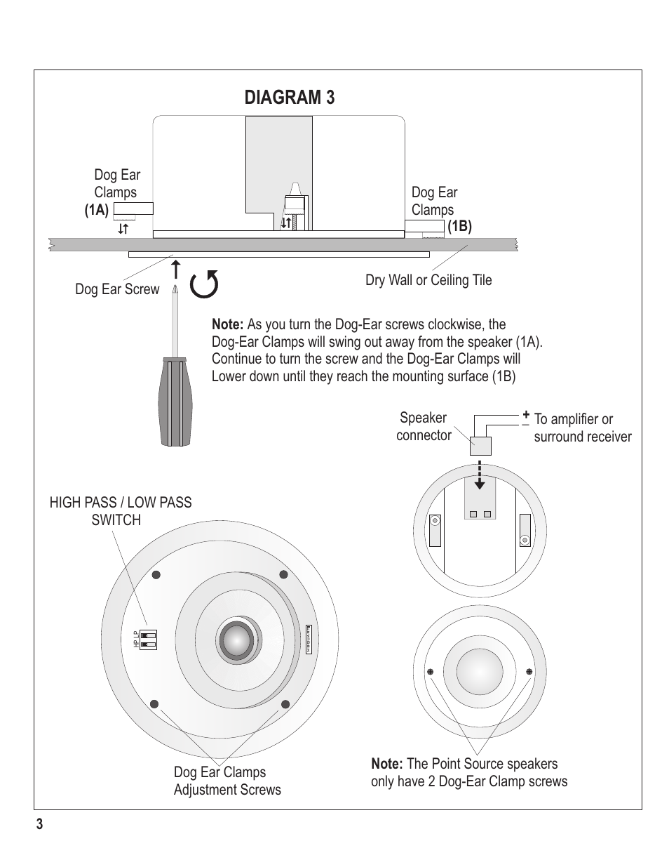 Diagram 3, Dog ear clamps, Dog ear clamps dry wall or ceiling tile | Dog ear screw dog ear clamps adjustment screws, High pass / low pass switch | MB QUART ALX3PS User Manual | Page 4 / 9
