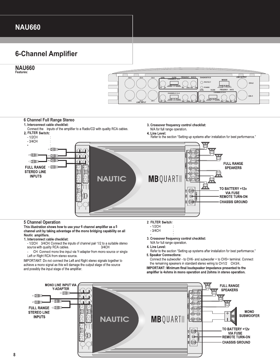 Nautic, Channel amplifier nau660, Nau660 | 6 channel full range stereo, 5 channel operation, 6filter filter filter filter flat flat low 5/6ch | MB QUART NAU260 User Manual | Page 8 / 10