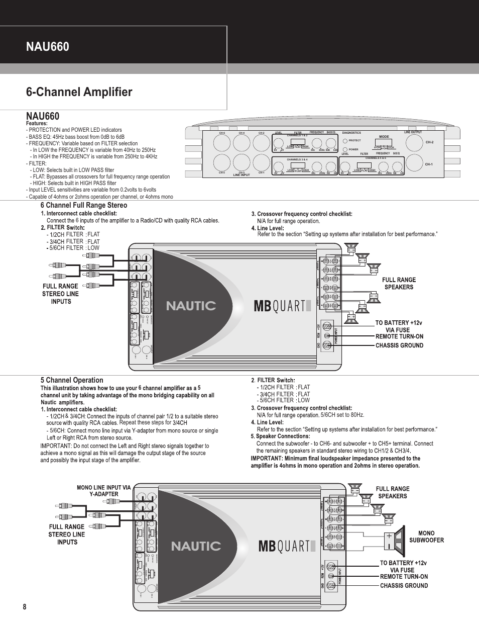 Nautic, Channel amplifier nau660, Nau660 | 6 channel full range stereo, 5 channel operation, 6filter filter filter filter flat flat low 5/6ch | MB QUART Nautic Amplifier NAU460 User Manual | Page 8 / 10