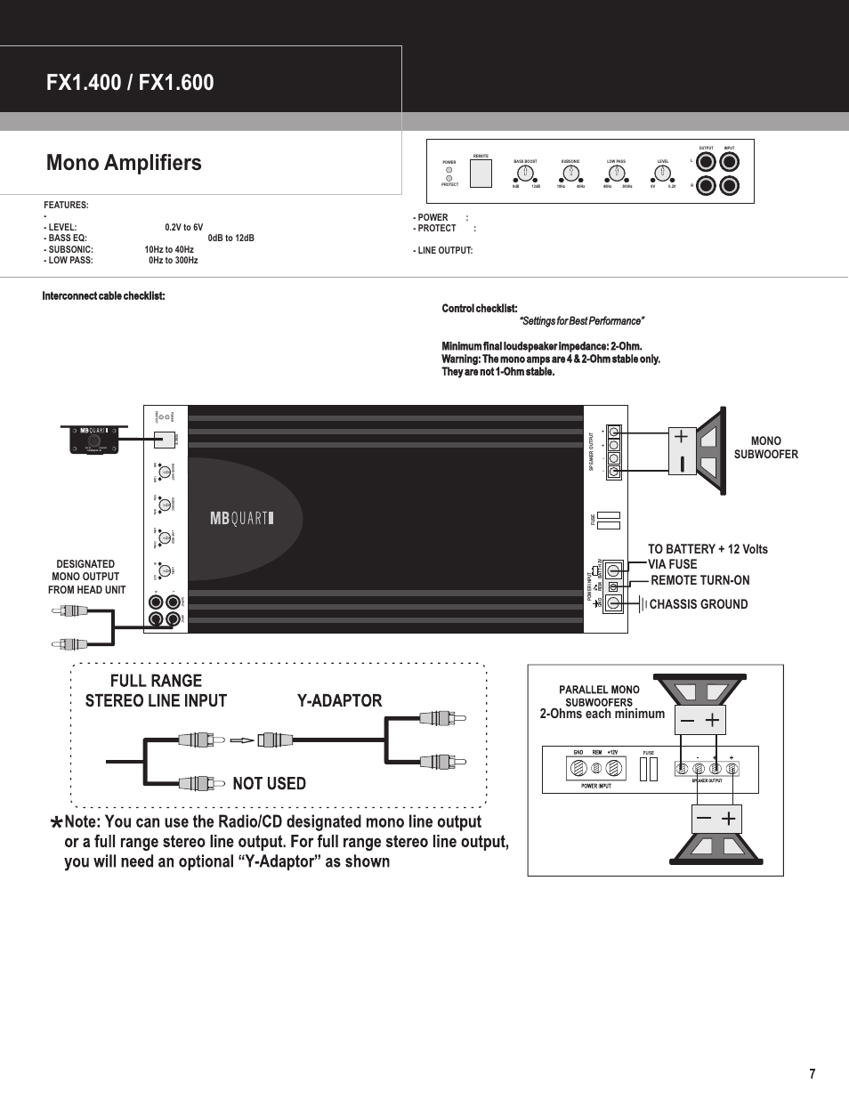 Ohms each minimum, Mono subwoofer, Designated mono output from head unit | MB QUART FX1.400 User Manual | Page 8 / 11