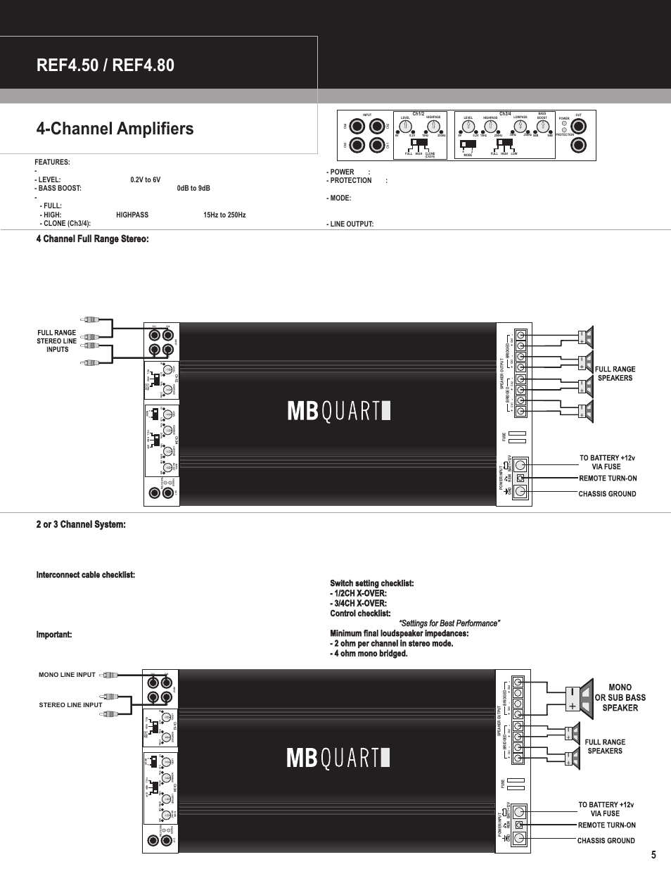 4 channel full range stereo, 2 or 3 channel system, Stereo line input mono line input | MB QUART REF4.50 User Manual | Page 6 / 11